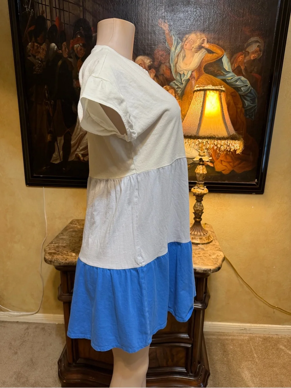 J. Crew White and Blue Colorblock Tiered Mini Dress